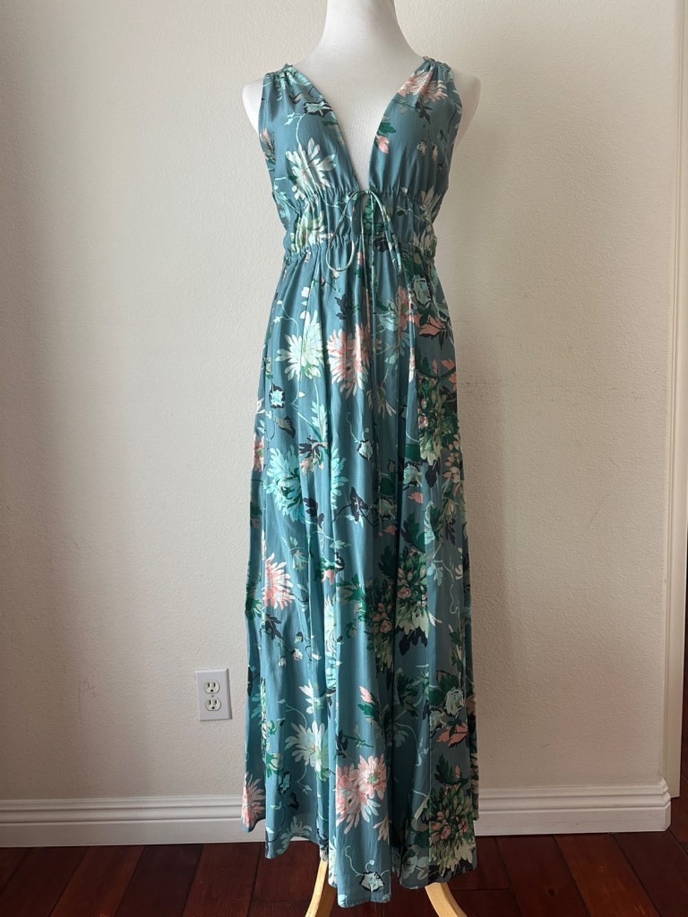 Teal Floral Maxi Dress with Drawstring Waist